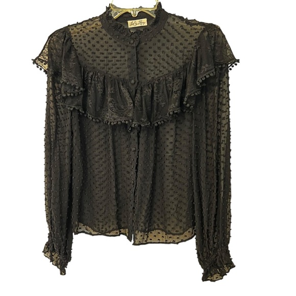 LoveShackFancy Erica SWISS DOT HIGH NECK LACE BLOUSE Ruffled Button Front Sheer - Picture 8 of 16